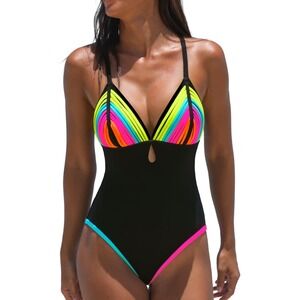 NWT Popvil Rainbow Colorblock One Piece Swimsuit Black Deep V Large